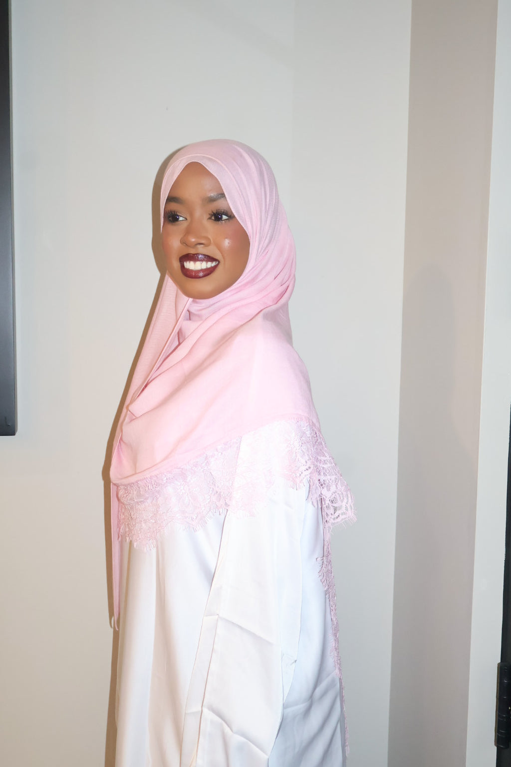 Bubble gum pink lace modal hijab